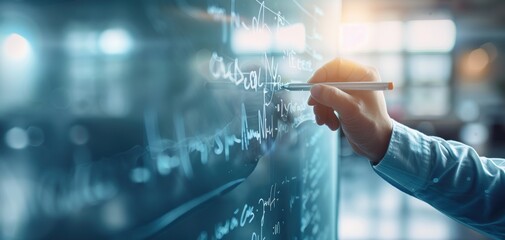 A close-up of a hand holding a pen, writing on a glass board filled with mathematical equations and diagrams in a bright environment.