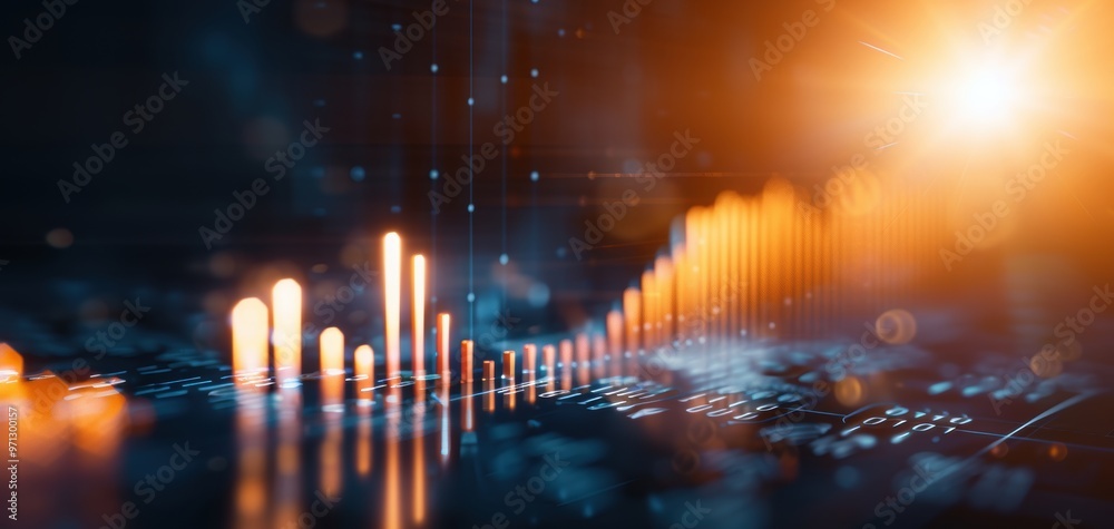 Poster Abstract representation of data analysis with glowing bars and light effects on a dark background, symbolizing technology and growth.