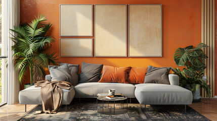 Friendly interior style. living room. Wall mockup. Wall art. 3d rendering. Generative Ai.