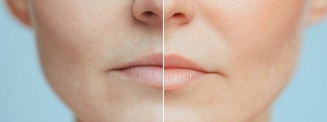 Face before and after treatment, showing reduction of scars and pigmentation spots, with an EGF serum. Rhytidectomy procedure, facelift surgery, anti age treatment.