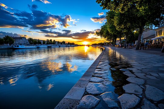 A serene moment by the Rh&Atilde;&acute;ne River, with locals enjoying an evening stroll along the waterfront as the sun sets over Arles