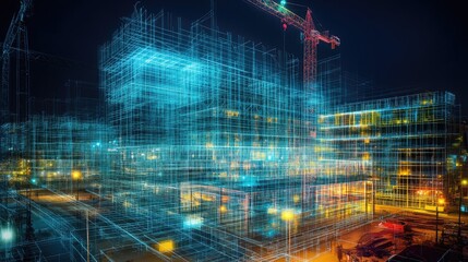 Fototapeta premium A digital rendering of a building under construction with a crane in the background. The building is illuminated with blue lights, and the crane is illuminated with red lights.
