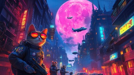 Futuristic cityscape with neon lights and cats under a pink moon. 