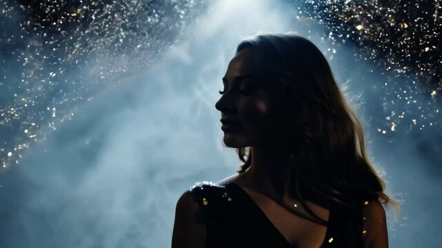 A cinematic portrait of a woman illuminated by a glowing magic stick, surrounded by sparkling glitter particles
