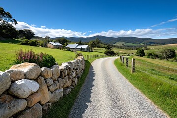 A small Tasmanian village, its stone cottages framed by green hills and winding country roads