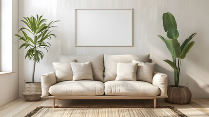 Friendly interior style. living room. Wall mockup. Wall art. 3d rendering. Generative Ai.