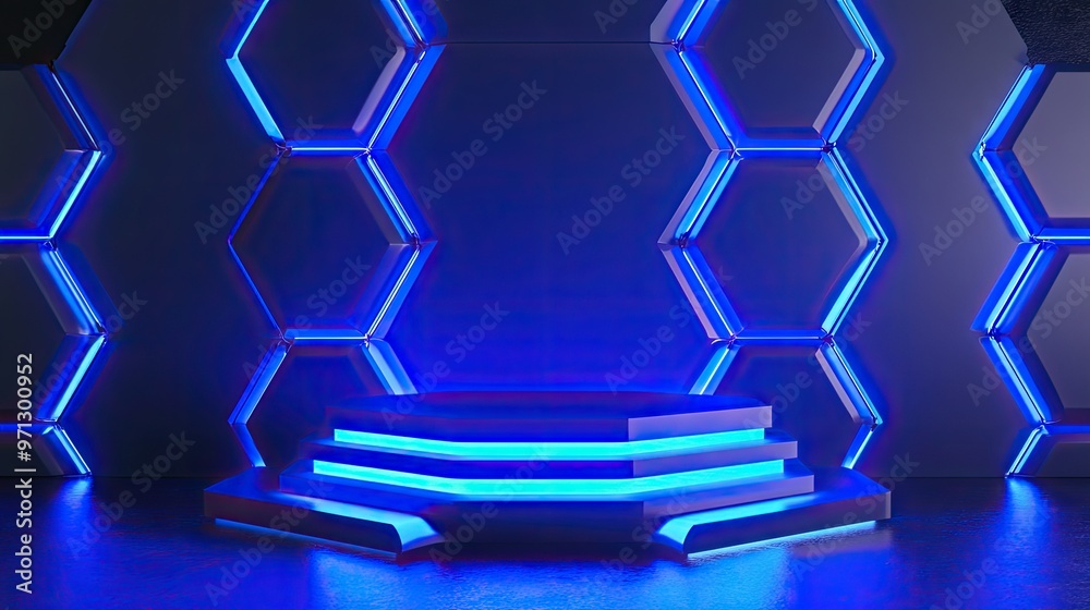 Canvas Prints 3D hexagon-shaped podium, bathed in blue light with a high-tech futuristic vibe, perfect for showcasing products