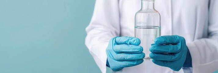 A scientist in a lab coat wearing blue gloves carefully holding a glass bottle filled with a clear liquid, set against a light blue background in a laboratory.