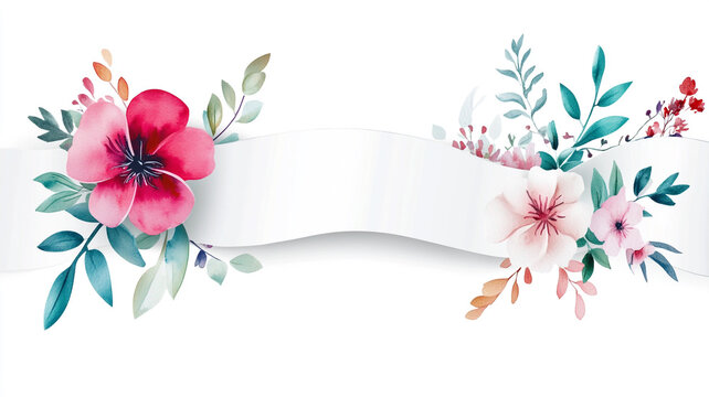 A white ribbon banner with watercolor floral elements on a white background.