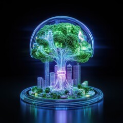 Obraz premium A futuristic cityscape featuring a luminous tree, symbolizing harmony between nature and urban life in a digital world.