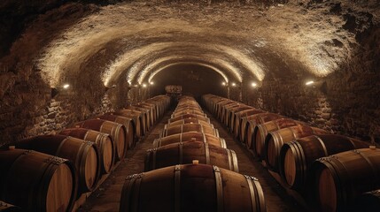 A dimly lit wine cellar with rows of old wooden barrels, capturing the atmosphere of aging wine in a historic setting