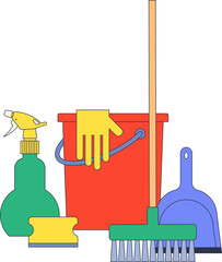 Colorful cleaning supplies: bucket, mop, spray bottle, sponge, and brush. Symbolizes cleanliness and maintenance.