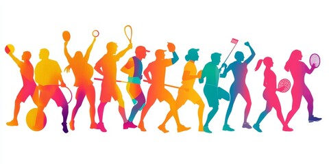 Colorful silhouettes of diverse people playing various sports