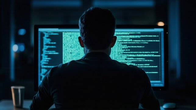A programmer works late at night, focused on coding and data analysis, surrounded by a dark office environment.