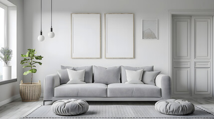 Grey settee near white cupboard in minimal living room interior with posters on the wall 3d render. Generative Ai.