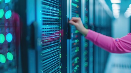 IT technician managing servers in a data center with illuminated equipment racks