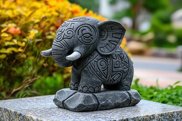A springstone elephant sculpture, adorned with tribal engravings, symbolizing strength and wisdom