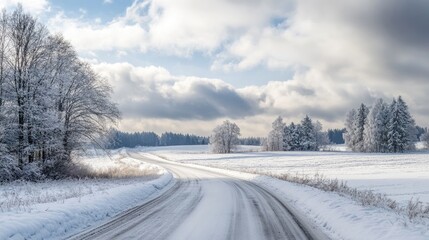 Obraz premium A quiet winter road surrounded by snow-covered fields and trees, creating a scenic, peaceful landscape under a cloudy sky.