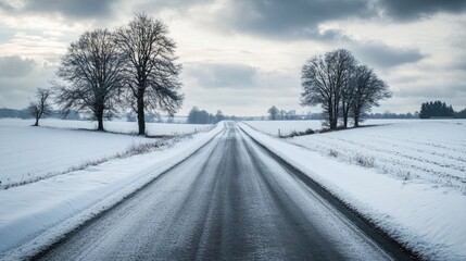 Obraz premium A quiet winter road surrounded by snow-covered fields and trees, creating a scenic, peaceful landscape under a cloudy sky.