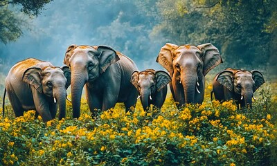 A herd of elephants roams through vibrant vegetation in a national park, showcasing the beauty of wildlife in their natural habitat - Powered by Adobe
