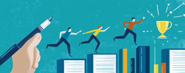 Creative illustration of hand drawing a success story in a book with lively characters
