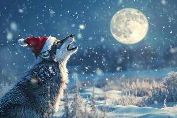 Enchanting 3D render of a wolf character wearing a Santa hat, howling at the moon with a snowy landscape in the background, created by ai