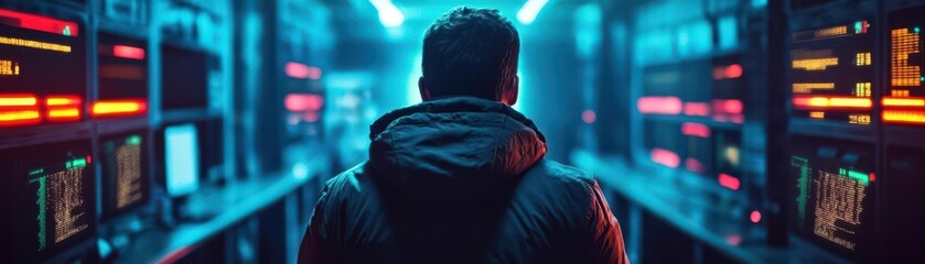Obraz premium Shadowy detective cracking a code in a dimly lit underground hacker den, neon lights, gritty, tense, cyberpunk