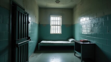 A simple prison cell featuring a single bed, a table with a book, and a window with bars, creating a stark and somber atmosphere, highlighting the loneliness of confinement.