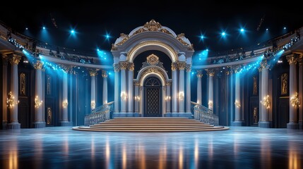 Obraz premium A grand stage illuminated by blue lights, featuring impressive columns and an ornate backdrop, perfect for performances or events.