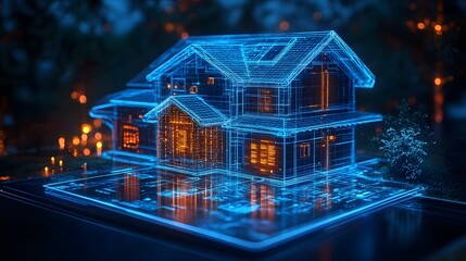 High-tech tablet screen with real estate investment interface, holographic home search and tax information projection.