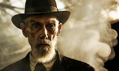 Elderly man with stern expression wearing fedora hat in smokey environment - Powered by Adobe