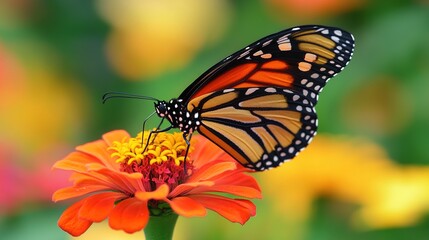 Monarch butterfly sipping nectar from an orange flower in the garden