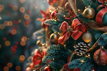Festive 3D render of a beautifully decorated Christmas tree with twinkling lights, created by ai