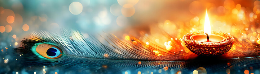 Abstract Vector of Diwali Lantern and Peacock Feather with Glowing Highlights Isolated on White Background - Symbolizing Elegance and Cultural Significance