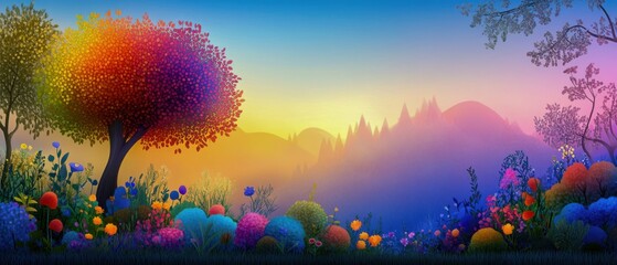 Vibrant Forest Waterfall: A Colorful Ecosystem's Hidden Gem with Dappled Light and Rolling Hills in a Soothing Scene.