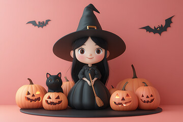 Fototapeta premium A beautiful witch wearing a black magic hat stands with a broom, while a black cat sits at her feet. Carved Halloween pumpkins are placed on the ground, creating a festive scene
