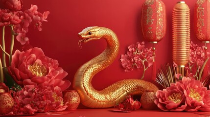 Obraz premium Chinese greeting banner for 2025, with a 3D golden snake, flowers, clouds, and lanterns on a bright red background, celebrating the new year.