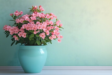 Fototapeta premium Cute blue potted plant and pink flowers on a white wooden floor in front of light yellow wall. There is plenty of space on the wall for writing text. Perfect for use as a background. Pastel tone.