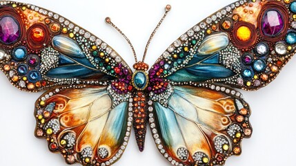 Fototapeta premium Close-up of a large butterfly with wings intricately decorated in jewels and diamonds, creating a vibrant, abstract look on a white background