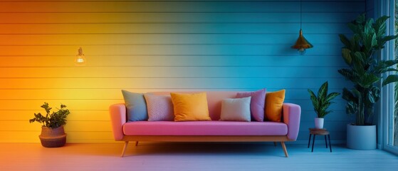 Vibrant Living Room with Colorful Wall and Green Plant