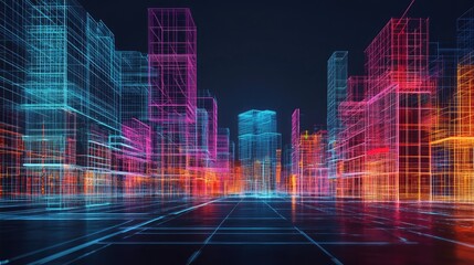 Fototapeta premium A futuristic city skyline rendered in vibrant neon colors, showcasing a grid pattern and a sense of depth.