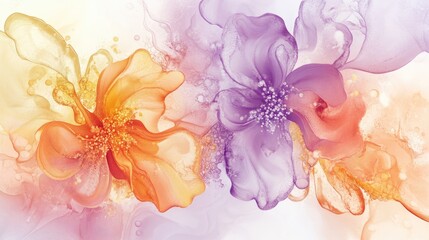 Abstract floral design in swirling light purple, orange, and yellow shades, with soft watercolor textures and intricate details, creating a whimsical vibe