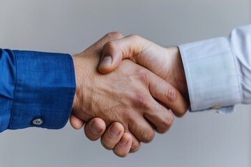 Close-up shot of two businessmen shaking hands, symbolizing a successful agreement, partnership, or business deal, outdoors in a professional setting.