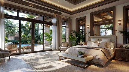 Interior master bedroom of residential house in florida 3d render. Generative Ai.