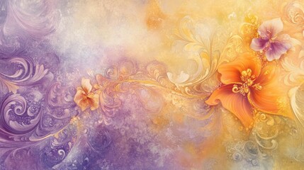 Obraz premium Abstract floral swirls in light purple, orange, and yellow hues, with soft watercolor textures and intricate details for a whimsical, dreamy effect