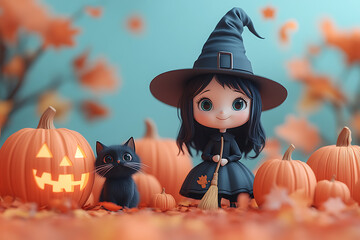 A beautiful witch wearing a black magic hat stands with a broom, while a black cat sits at her feet. Carved Halloween pumpkins are placed on the ground, creating a festive scene