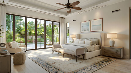 Interior master bedroom of residential house in florida 3d render. Generative Ai.
