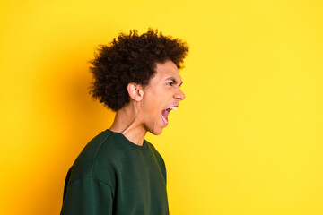 Profile portrait of nice young man scream empty space wear sweater isolated on yellow color background © deagreez