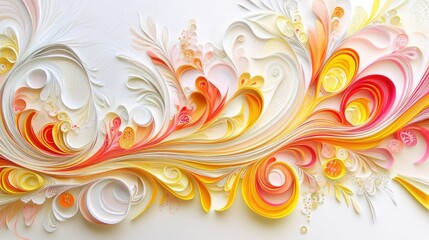 Fototapeta premium Abstract swirling floral design in shades of yellow, orange, and pink, with intricate details creating a vibrant look on a white background