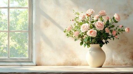 A serene arrangement of pink roses in a white vase, beautifully illuminated by natural light streaming through a window.